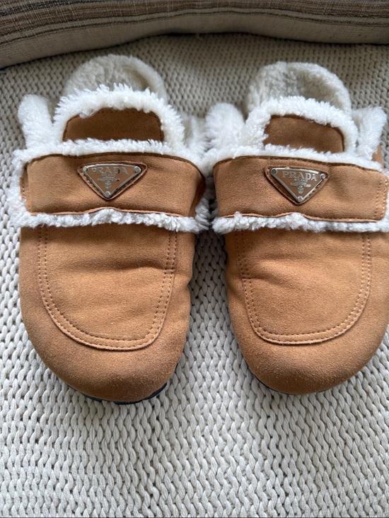 Prada Shoes - Prada Tan Suede Slip-On Mules with White Shearling Trim